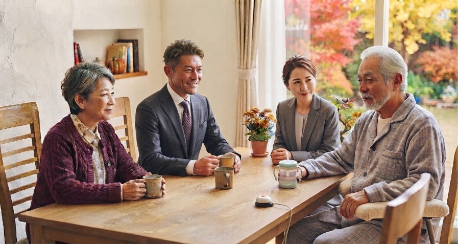 自宅で家族と過ごす高齢の両親